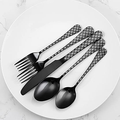 Black Silverware Set, YFBXG 20 Piece Black Sliverware Flatware Cutlery Set，Stainless Steel Black Utensil Set for 4,Knives and Forks and Spoons Sets With Patten Handle （Fan-shaped,Black）