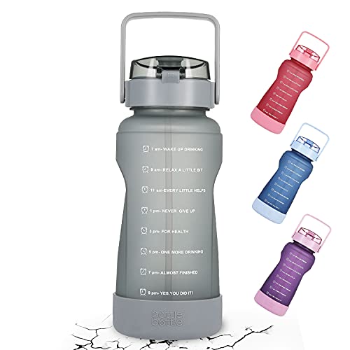BOTTLE BOTTLE 64 OZ Gallon Motivational Water Bottle with Time Marker Straw & Protective Silicone Boot Workout Water Bottle for Adults and Kids Camping Half Gallon Water Jug (Gray)