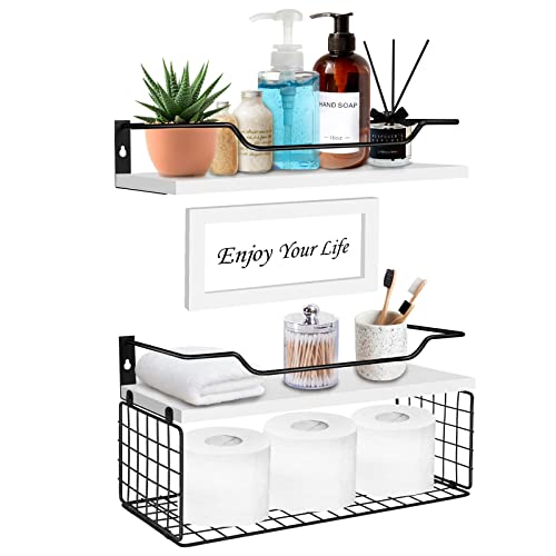 Floating Shelves, Bathroom Shelves with Metal Guardrail Shelves for Wall Decor Set of 3, Rustic Wood Wall Shelves for Bathroom,Bedroom, Living Room, Kitchen, Plants (White)