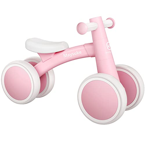 Maysuke Baby Balance Bike Toys for 1 Year Old Boys and Girls Gifts, Toddler Bike 10-24 Month First Birthday Gift with 4 Wheels, No Pedal (Baby Pink)