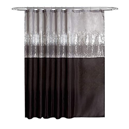 Lush Decor Night Sky Shower Curtain Sequin Fabric Shimmery Color Block Design for Bathroom, 72" x 72", Black & Gray