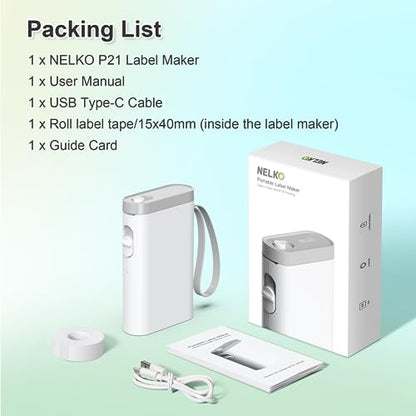 Nelko Label Maker Machine with Tape, P21 Portable Bluetooth Label Printer, Wireless Handheld Sticker Maker Mini Label Makers with Multiple Templates for Organizing Storage Barcode Office Home, White