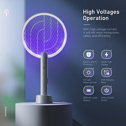 Electric Fly Swatter Racket, Mosiller 4000V 2 in 1 Bug Zapper with USB Rechargeable Base, Powerful Mosquitoes Trap Lamp & Fly Killer with 3-Layer Safety Mesh for Home, Bedroom, Kitchen, Patio（1 Pack）