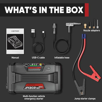 LOKITHOR JA302 Jump Starter with Air Compressor, 2500Amp 12V Portable Car Battery Booster pack for Upto 8.5L Gas or 6.5L Diesel, 150 PSI Tire Inflator with Digital Screen, 36 Months Ultra-Long Standby
