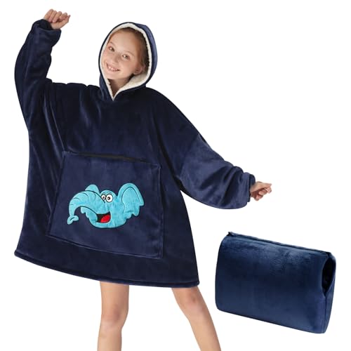 yescool Wearable Blanket Hoodie for Kids - Oversized Sherpa Blanket Sweatshirt Kids with Pocket - Gifts for Kids Girls Boys - Portable Warm Travel Pillow - Teen Wearable Blankets - Blue Elephant
