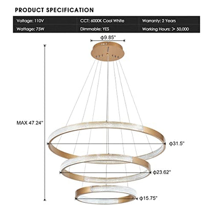 Buccleuch Dining Room Light Fixtures Over Table Gold Modern Chandelier Lighting LED 3-Ring for Living Room Kitchen Island Adjustable Cords 75W 6000K Dimmable