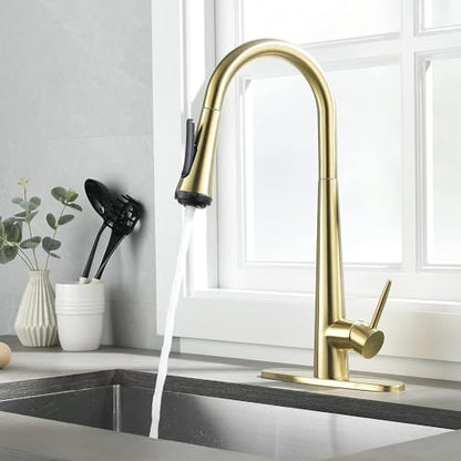 UPDATE: SOLD OUT! Kitchen Faucet with Pull Down Sprayer: Kitchen Sink Faucet, 4 Modes Sprayer Kitchen Faucet with Sprayer for Farmhouse Camper Laundry Utility RV Wet Bar, Brushed Gold