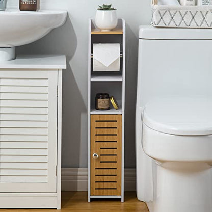 AOJEZOR Toilet Paper Holder Stand, Small Bathroom Storage Cabint (30''H Small Size(fit Small roll), Pure White/Bamboo)
