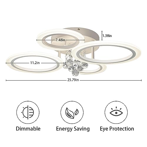 Modern Flush Mount Ceiling Light Fixture 4 Rings Crystal Chandeliers LED Ceiling Lights Dimmable Kitchen Light Fixtures White Bedroom Ceiling Lights for Living Room Hallway Entrance Office 25.8 Inch