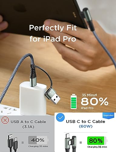 AINOPE USB C Cable Type C Charger Fast Charging 6.6FT-2Pack 60W USB-C to USB-C Cable for iPad Charger Fast Charging Cord 3.1A Right Angle USB C Charger Type C Cable Fits All USB C Port Devices