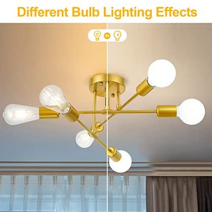 Soilsiu Modern Sputnik Chandelier Ceiling Light Fixture, 6-Light Gold Mid Century Semi Flush Mount Ceiling Lights for Bedroom, Dining Room, Living Room, Kitchen, Office (Gold, W:16.5",H:8")