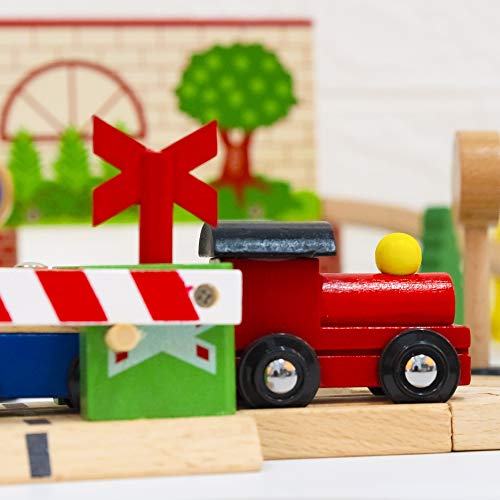 FUNPENY 60 Pcs Colorful Wooden Train and Track Sets,Train Railway Sets Toys for 3+ Years Kids,Boys,Girls Deluxe Holiday Gifts