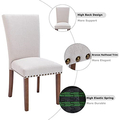 COLAMY Upholstered Parsons Dining Chairs Set of 2, Fabric Dining Room Kitchen Side Chair with Nailhead Trim and Wood Legs - Beige