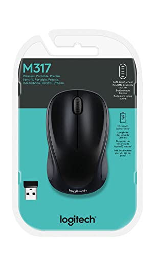 Logitech M317 Wireless Mouse, 2.4 GHz with USB Receiver, 1000 DPI Optical Tracking, 12 Month Battery, Compatible with PC, Mac, Laptop, Chromebook - Black