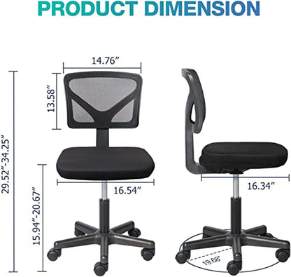 Ergonomic Home Office Desk Chair, Adjustable Armless Computer Chair with Lumbar Support, Small Mesh Task Chair with Backrest Swivel Rolling for Study, Office, Conference Room Black