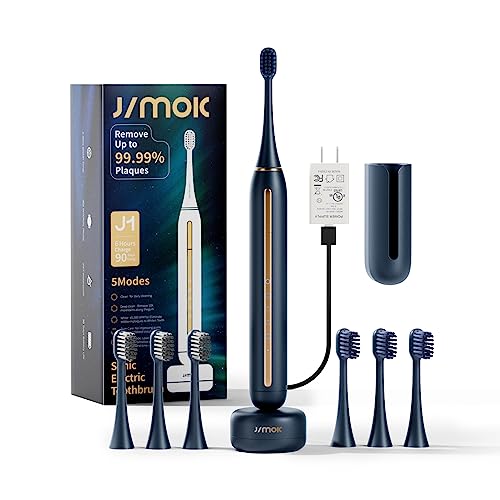 JIMOK Sonic Whitening Electric Toothbrush For Adults, Cleaning Toothbrushes Set With 3Dupont & 3Toray Brush Heads,1 Charge for 90 Days Use (Include Wall Adapter),5modes, A Extra Toothbrush Holder,Blue