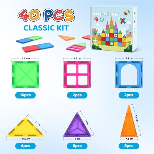 Crenova Magnetic Tiles 40 PCS, Beginner Construction Set, 3D Magnetic Building Blocks, Magnetic Toys Educational STEM Gifts for Kids Ages 3-5 Year Old Boys and Girls
