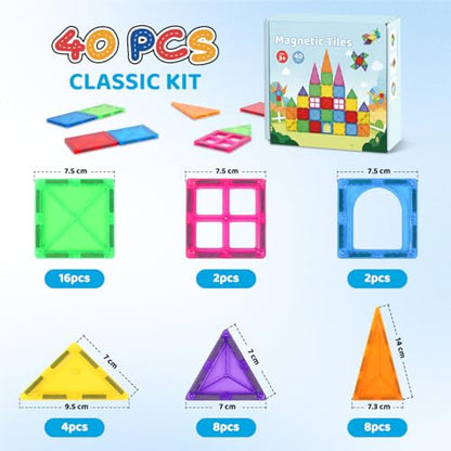 Crenova Magnetic Tiles 40 PCS, Beginner Construction Set, 3D Magnetic Building Blocks, Magnetic Toys Educational STEM Gifts for Kids Ages 3-5 Year Old Boys and Girls