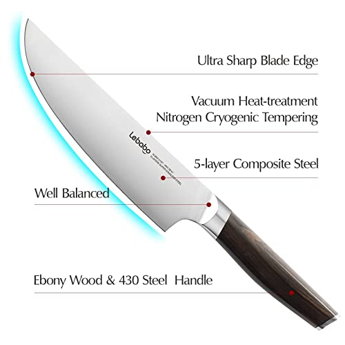 Lebabo 8 Inch Chef's Knife Professional, Kitchen Chef Knife, 9Cr18MoV 5-Layer Alloy Clad Steel, Ultra Sharp Meat Paring Knives for Kitchen & Restaurant, Ebony Wood Ergonomic Handle, Gift Box