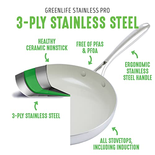 GreenLife Tri-Ply Stainless Steel Healthy Ceramic Nonstick, 10 Piece Cookware Pots and Pans Set, PFAS-Free, Multi Clad, Induction, Dishwasher Safe, Oven Safe, Silver