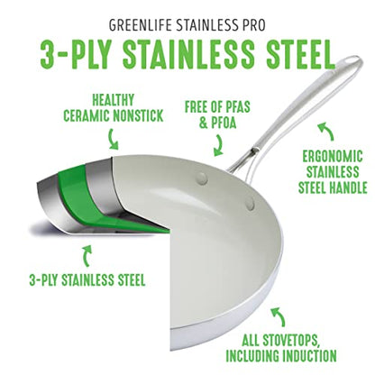GreenLife Tri-Ply Stainless Steel Healthy Ceramic Nonstick, 10 Piece Cookware Pots and Pans Set, PFAS-Free, Multi Clad, Induction, Dishwasher Safe, Oven Safe, Silver