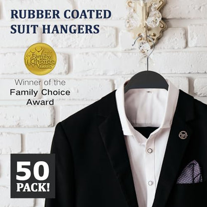 Flysums Heavy Duty Plastic Hangers, 50 Pack Rubber Coating Non Slip Coat Hangers with Shoulder Grooves, Suit Hangers with 360° Swivel Hook, Space Saving Organizer for Bedroom Closet, Black