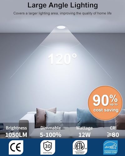luckystyle 12 Pack 6 Inch 5CCT Ultra-Thin Canless LED Recessed Ceiling Light with Junction Box, Selectable 2700K/3000K/3500K/4000K/5000K,12W Eqv 110W, 1050LM Dimmable Wafer Down Light-ETL&FCC