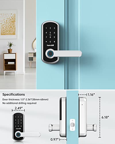 Smart Door Lock, Hornbill Keyless Entry Door Lock, Keypad Door Lock with Reversible Handle, Fingerprint Electronic Digital Front Door Lock, Free App, Keys, IC Cards and Passcodes for Home Office