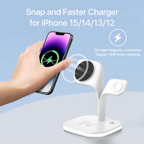 EXW for Magsafe Charger Stand,Charging Station for Multiple Devices,Wireless Charger for iPhone 15/14/13/12 Series,Apple Watch Series 1-9/Ultra,AirPods Pro with LED and Adapter (White)