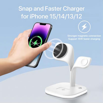 EXW for Magsafe Charger Stand,Charging Station for Multiple Devices,Wireless Charger for iPhone 15/14/13/12 Series,Apple Watch Series 1-9/Ultra,AirPods Pro with LED and Adapter (White)