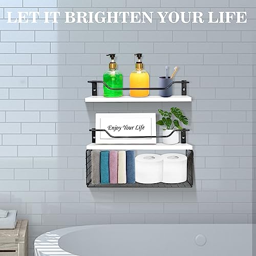 Floating Shelves, Bathroom Shelves with Metal Guardrail Shelves for Wall Decor Set of 3, Rustic Wood Wall Shelves for Bathroom,Bedroom, Living Room, Kitchen, Plants (White)