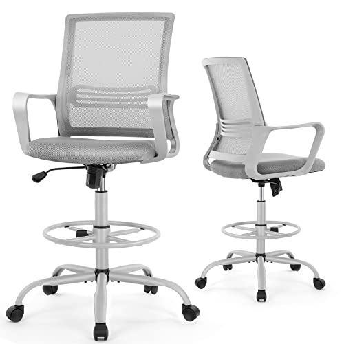 Drafting Chair Standing Desk Chair Tall Office Chair Counter Height Office Chairs with Armrests High-Density Sponge Thicker Seat for Bar Height Desk, Light Grey