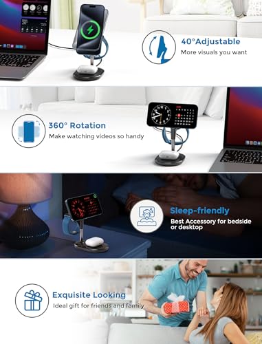 3 in 1 Wireless Charging Station for Apple MagSafe Charger, 15W Fast Magnetic Mag-Safe Charger Stand for iPhone 15 14 13 12 Series Apple Watch AirPods Multiple Devices,Adjustable Angle, Gifts for Men