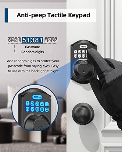 TEEHO TE002K Fingerprint Door Lock Set - Keyless Entry Door Lock with Handle - Door Knob with Keypad Deadbolt - Smart Locks for Front Door - Auto Lock - No Need App - Easy Installation - Matte Black
