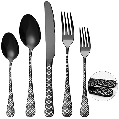 Black Silverware Set, YFBXG 20 Piece Black Sliverware Flatware Cutlery Set，Stainless Steel Black Utensil Set for 4,Knives and Forks and Spoons Sets With Patten Handle （Fan-shaped,Black）
