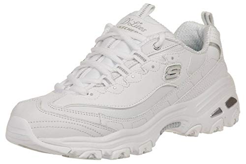 Skechers Sport womens D'LITES FRESH START Memory Foam Lace-up Sneaker,White Silver,8 M US