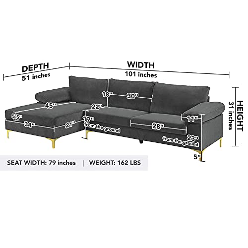Casa Andrea Milano Modern Sectional Sofa L Shaped Velvet Couch, with Extra Wide Chaise Lounge and Gold Legs, Dark Grey