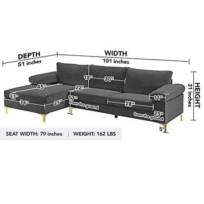 Casa Andrea Milano Modern Sectional Sofa L Shaped Velvet Couch, with Extra Wide Chaise Lounge and Gold Legs, Dark Grey