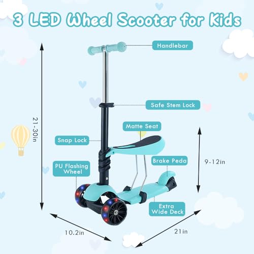 Kids Scooter,Toddler Scooter for Kids 3 Years Old,Adjustable Height and Removable Seat,with 3 LED Wheel Outdoor Activities Birthday Gift for Baby Toddler Boy Girl (Green)