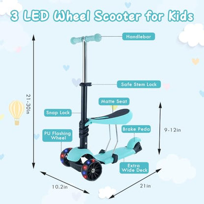 Kids Scooter,Toddler Scooter for Kids 3 Years Old,Adjustable Height and Removable Seat,with 3 LED Wheel Outdoor Activities Birthday Gift for Baby Toddler Boy Girl (Green)