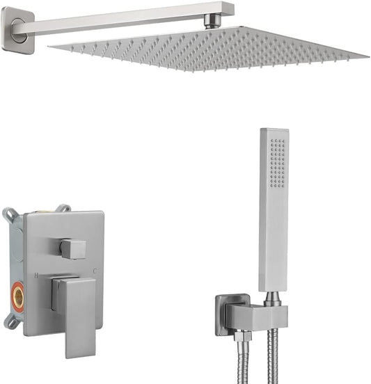 Heable Brushed Nickel Shower System 12 Inches Bathroom Luxury Rain Shower Head with Handheld Combo Set Wall Mounted High Pressure Rainfall Shower Head System Shower Faucet Set with Valve and Trim