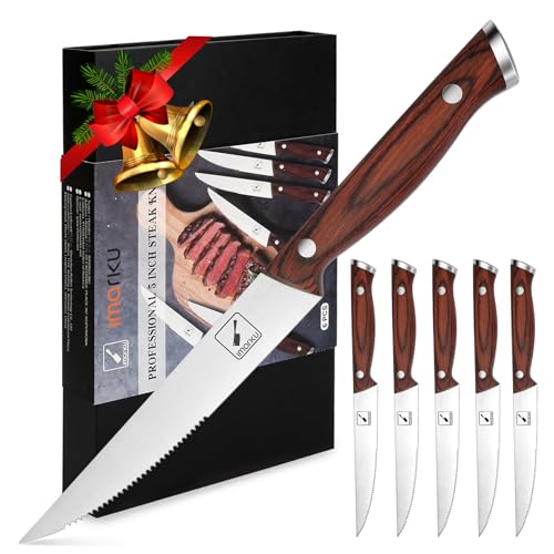 imarku Steak Knives, Steak Knives Set of 6, Japanese HC Steel Premium Serrated Steak Knife Set with Ergonomic Handle and Gift Box, Christmas Gifts for Women and Men