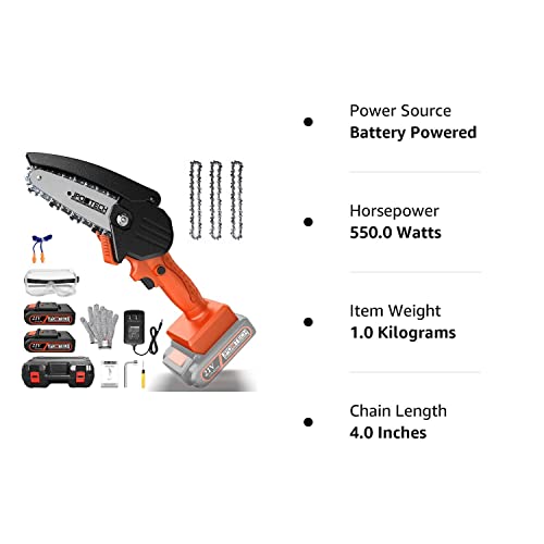 JPOWTECH Mini Chainsaw, Upgraded 4 Inch Cordless Small Chain Saw with 3Pcs Chains & 2Pcs 21V Rechargeable Batteries Portable One Hand Electric Chainsaw for Branch Pruning Tree Trimming Wood Cutting