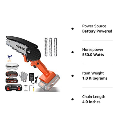 JPOWTECH Mini Chainsaw, Upgraded 4 Inch Cordless Small Chain Saw with 3Pcs Chains & 2Pcs 21V Rechargeable Batteries Portable One Hand Electric Chainsaw for Branch Pruning Tree Trimming Wood Cutting