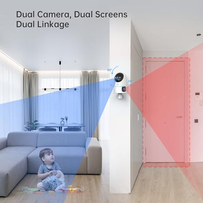 JOOAN Dual Lens 5G Security Camera, 2Kx2 Wireless WiFi Indoor Camera with 360° PTZ, Plug in Home Pet Camera for Baby, Motion Detection, One Touch Call, Dual-Screen Display, 2 Way Talk, Work with Alexa