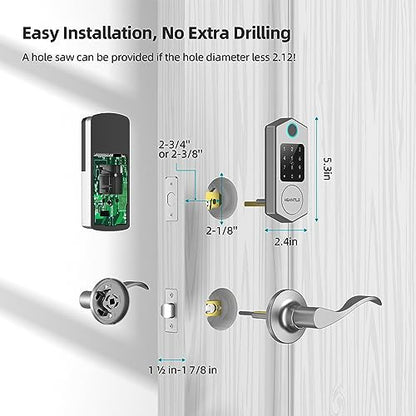 HEANTLE Smart Front Door Lock Set, 8-in-1 Fingerprint Keyless Entry Door Lock with App Control, Electronic Touchscreen Keypad Deadbolt with 2 Lever Handles, Auto Lock,Easy Installation, Silver