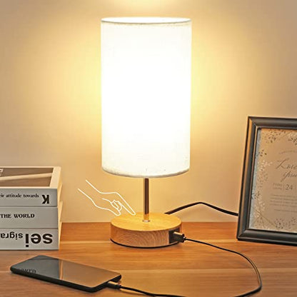 Bedside Lamp with USB C+A Ports - Touch Control Small Table Lamp for Bedroom with 3 Lighting Modes,Nightstand Lamps with Round Flaxen Fabric Shade for Living Room, Dorm, Office (LED Bulb Included)