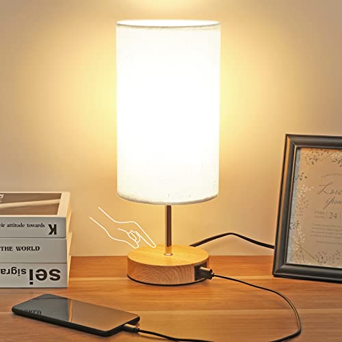 Bedside Lamp with USB C+A Ports - Touch Control Small Table Lamp for Bedroom with 3 Lighting Modes,Nightstand Lamps with Round Flaxen Fabric Shade for Living Room, Dorm, Office (LED Bulb Included)