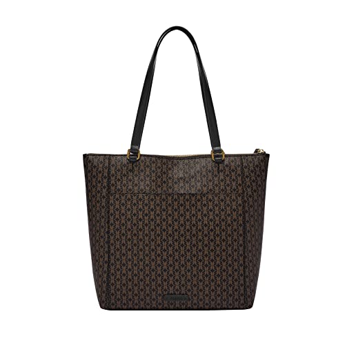 Fossil Women's Tara Faux Leather Shopper Tote Purse Handbag, Black/Brown (Model: ZB1781015)