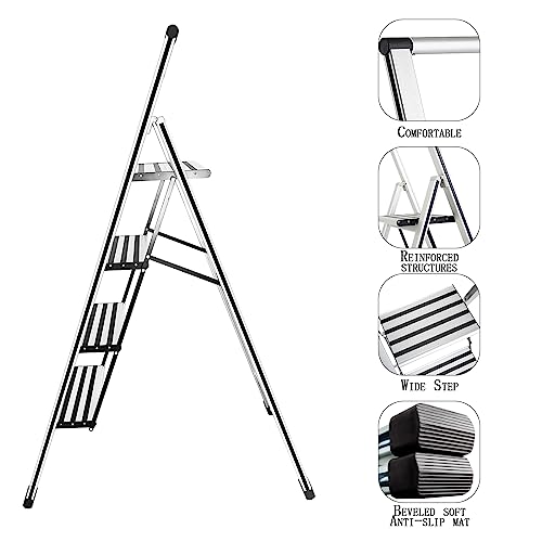 4 Step Ladder 4 Step Folding Step Stool with Handrails Wide Work Platform, Aluminum A Frame Ladder, 7KG Portable Ladder, Lightweight Ladder for Kitchen Home Work Library House Indoor